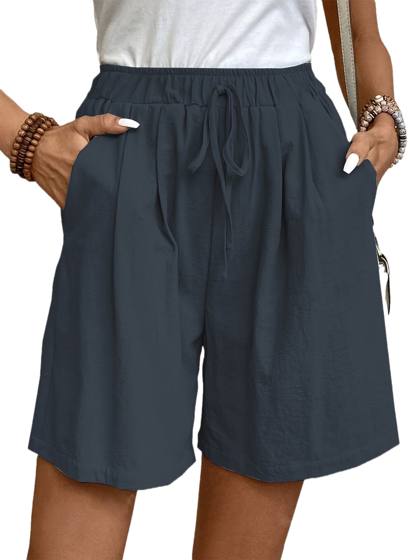 Women'S Casual Blend Shorts, Solid Color, Regular Fit, Non-Stretch Woven Fabric, with Faux Drawstring Detail, for Spring/Summer/Fall - Daily & Vacation Style