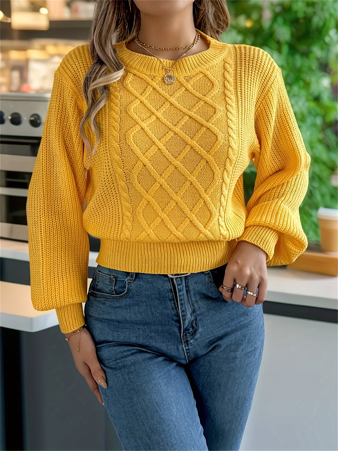 Elegant Cable Knit Sweater for Women - Casual Long Sleeve, Round Neck Pullover in Solid Color, Perfect for Fall/Winter