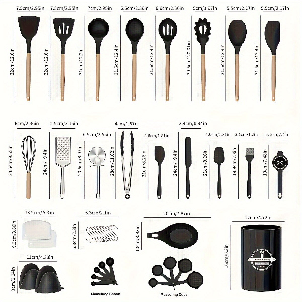 43pcs Non-Stick Cookware Storage Bucket with Wooden Handles, Silicone Kitchen Utensils, Easy-To-Clean Kitchen Tools, Spatula And Spoon Set.