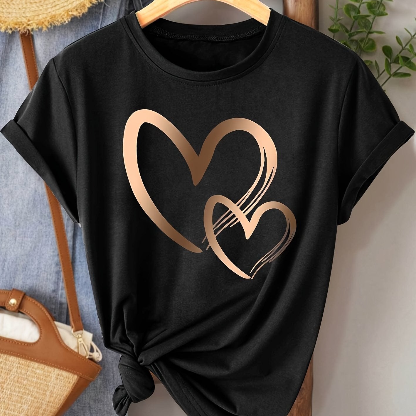 Chic Love Series Gradient Double Heart Graphic Tee for Women - Casual Retro Style, Round Neck Short Sleeve, Breathable Polyester, Machine Washable, in Black with Golden & White Hearts, Sizes S-XXL