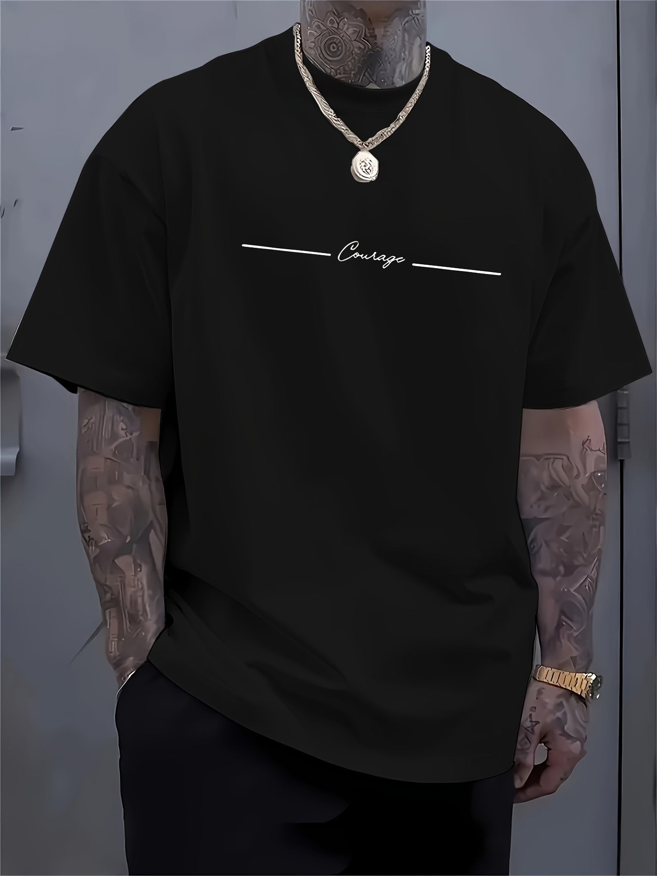Men'S Casual Crew Neck T-Shirt with Trendy English Print, 95% Polyester 5% Elastane, Slight Stretch Knit Fabric, Regular Fit, Summer Wear - MBDMBD