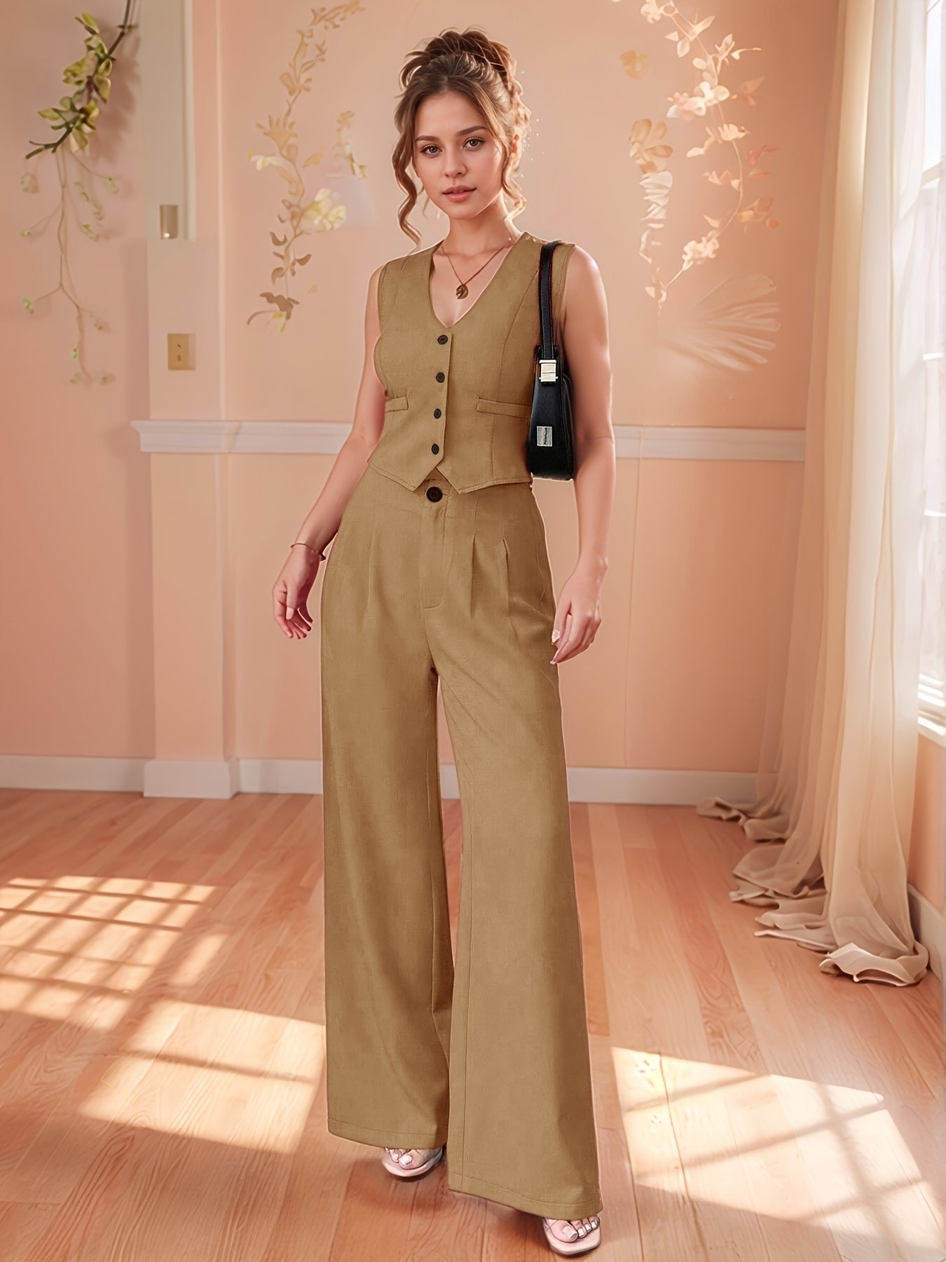 Design-Savvy Red Mini-Chic Sleeveless Suit Vest and Wide-Leg Pants Two-Piece Set