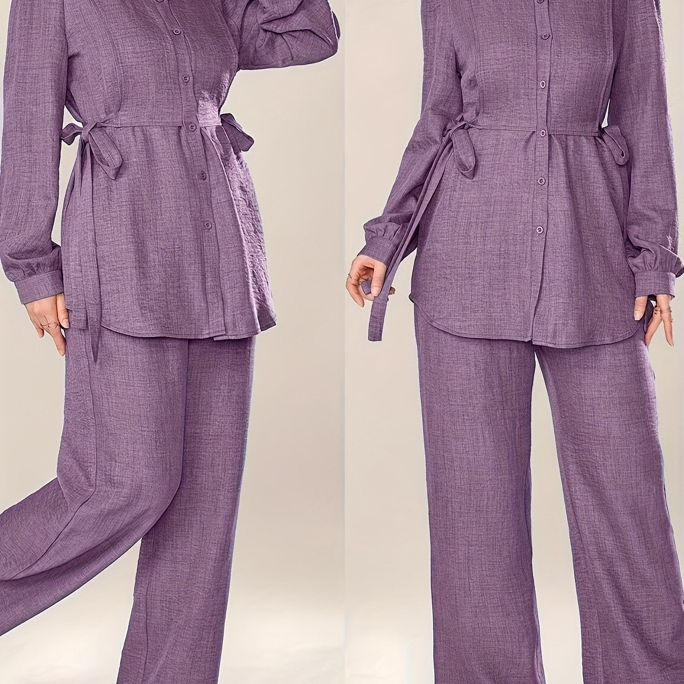 Women'S Solid Color Long Sleeve Knotted Waist Single-Breasted Shirt and Pants Elegant Commuter Set, Two-Piece Summer Autumn Women'S Outfit Office Business Casual Women'S Suit