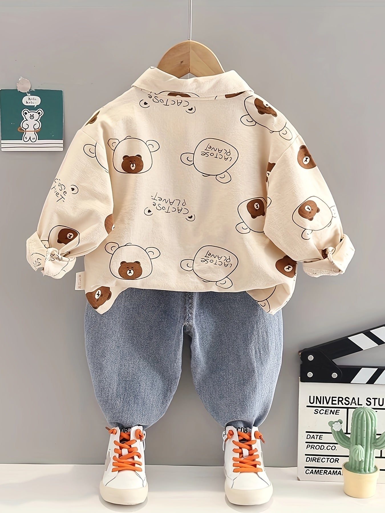 Boys' Bear Print T-shirt + Jeans Set 2pcs Combination, Versatile and Fashionable Casual Daily and Festival Wear, Perfect for Outdoor