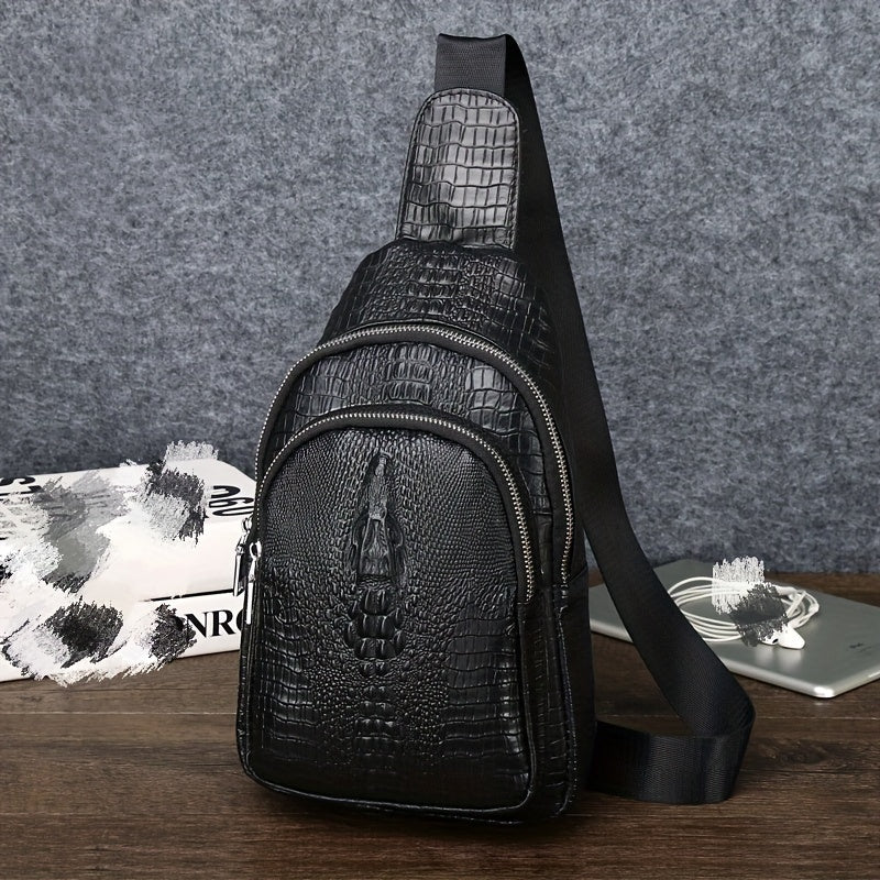 1pc Men's Fashion Crocodile Pattern Waist Bag, Multifunctional Shoulder Trendy Bag