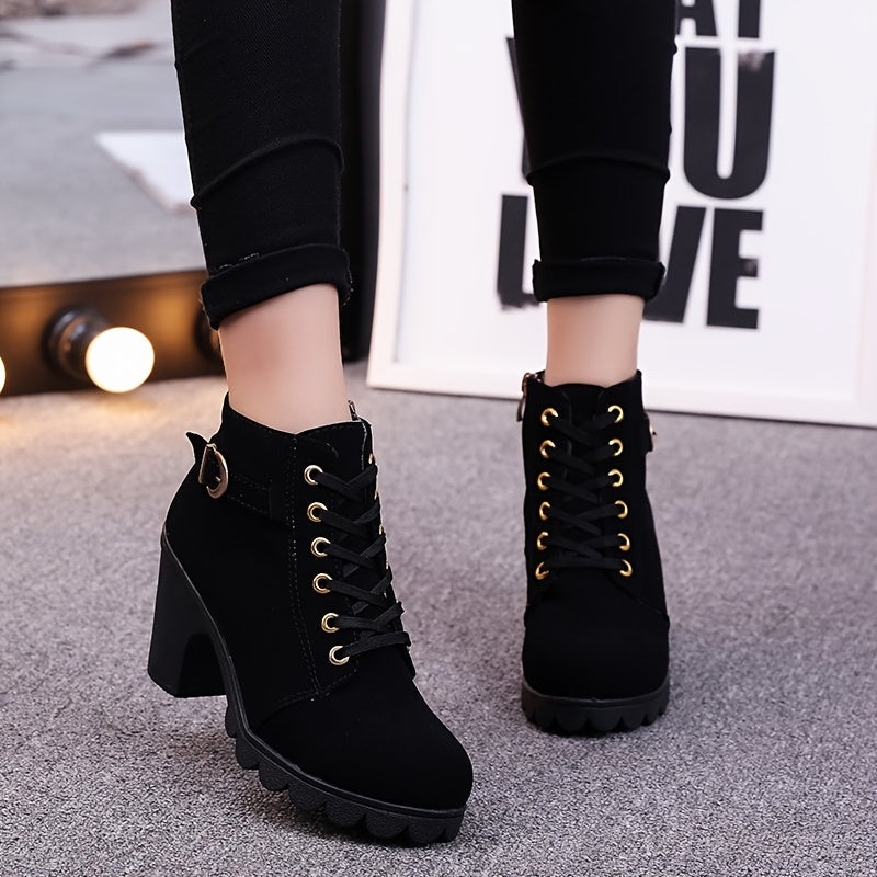 Women's Chunky platform heel Boots - Lace-up closure, Faux Cover Round-toe boots with, Thick Platform Sole for Dresses, Jeans, Party Outfits - All-Season Everyday Formal Shoes, Stylish Outfit Additions, Side Zipper Detail,