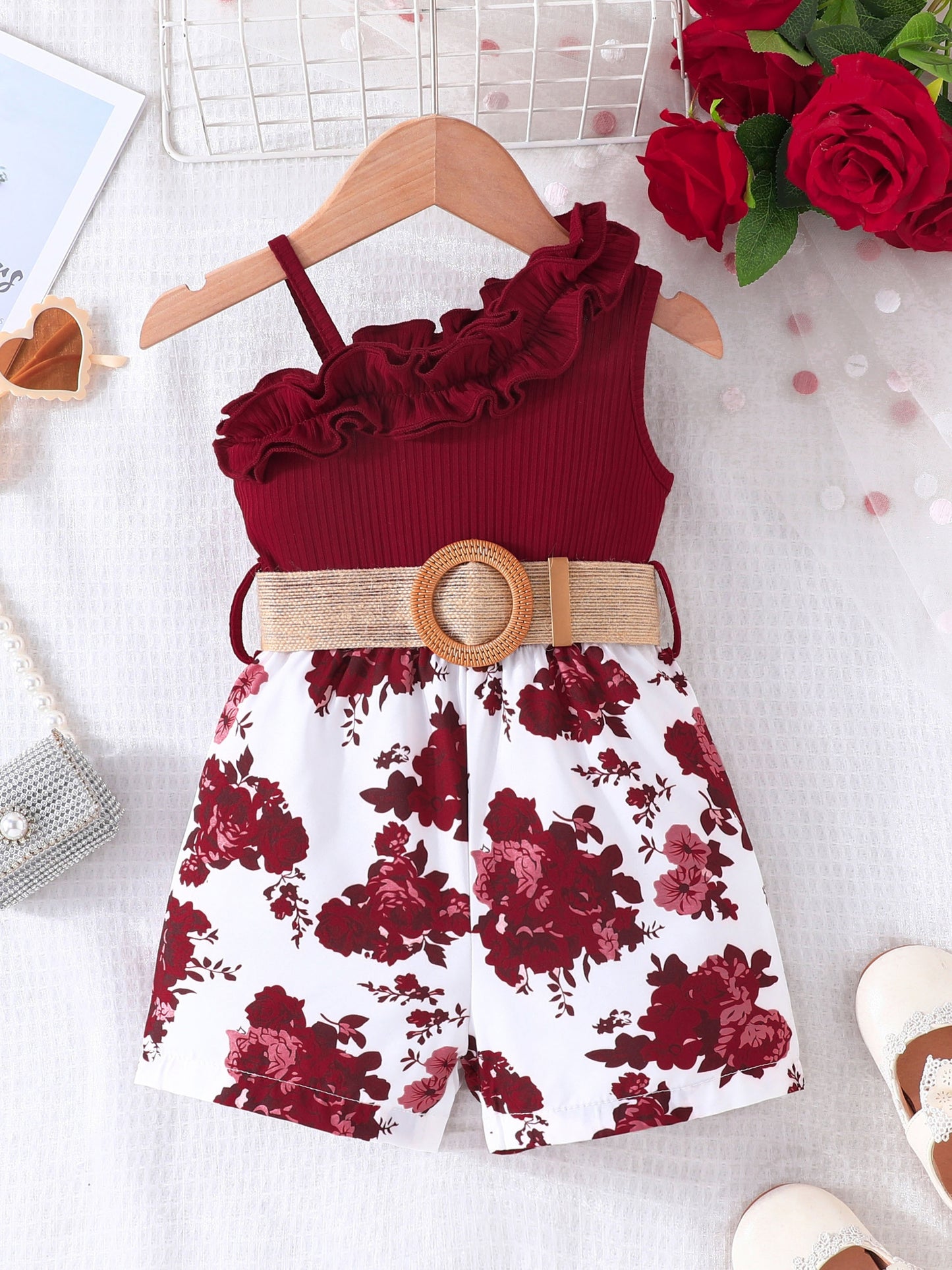 Baby's Vacation Style Flower Pattern Splicing One-Shoulder Romper With Belt, Toddler & Infant Girl's Bodysuit For Summer Daily & Outdoor Wear