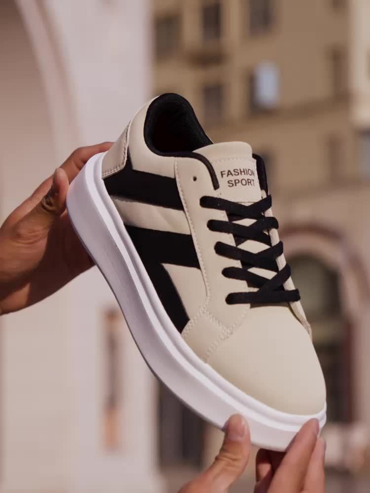 Men's Casual Athletic Sneakers - Comfortable Low-Top Lace-Up Shoes with Geometric Design, Black Beige, EVA Sole, Microfiber Upper for Casual Attire and Sports