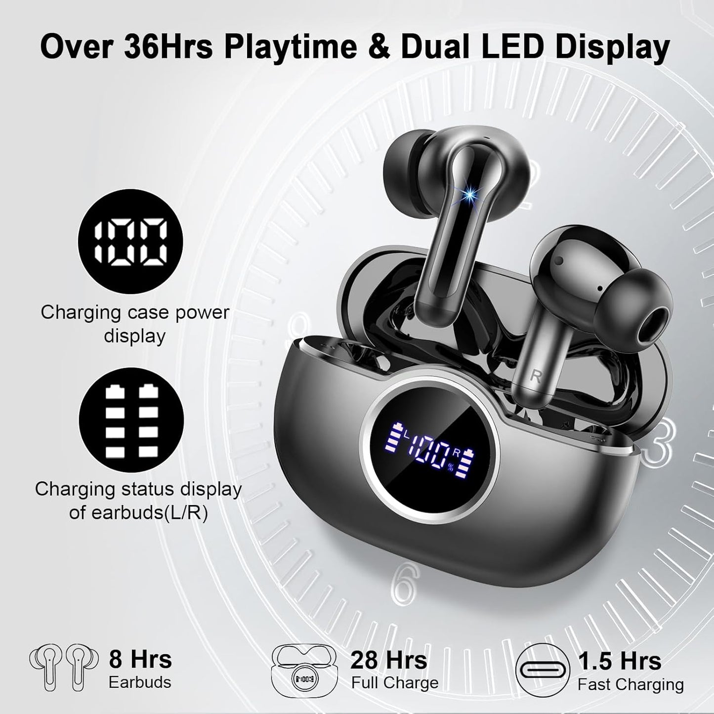Wireless Earbuds, 2025 Bluetooth 5.4 Headphones Hi-Fi Stereo 3D Bass Ear Buds, 4 ENC Noise Cancelling Mic, 36Hrs USB-C In-Ear Earphones, IP7 Waterproof Workout Sport for Laptop Pad Android Ios, Black