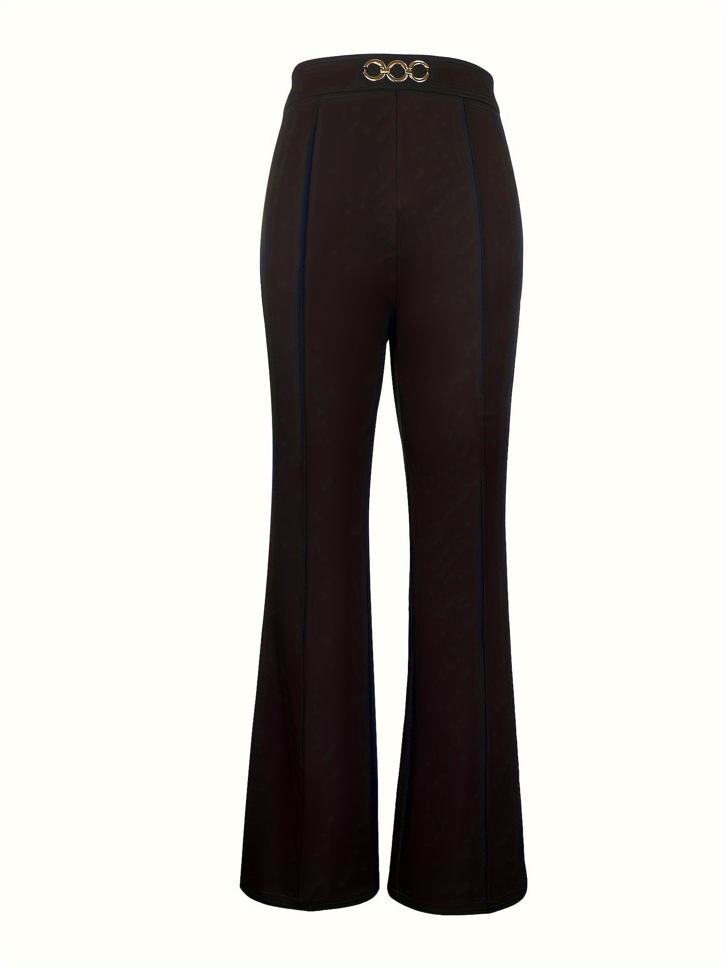Elegant Navy Blue High-Waist Straight Leg Pants with Golden-Tone Metal Button Detail - Versatile & Chic Women's Workwear, 100% Polyester/Spandex Blend, Machine Washable