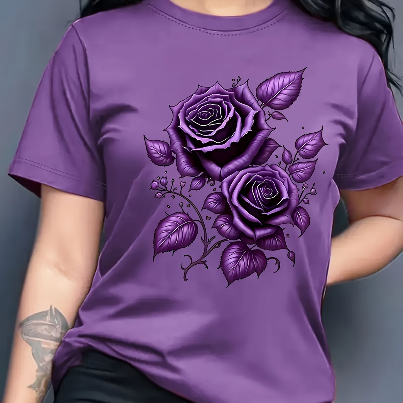Women's Light Blue Yellow Rose Print T-Shirt - Short Sleeve Crew Neck Casual Top with Medium Stretch, Machine Washable & Breathable Fabric for All-Season Comfort, Relaxed Style, Graphic Tee, Stretchy Material, Printed Shirt,
