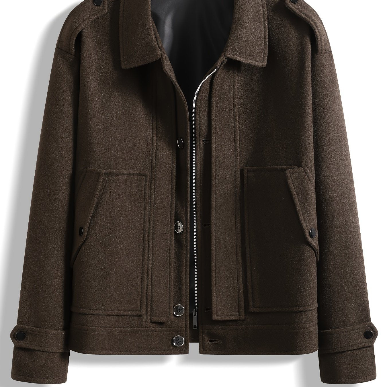 Men's Stylish Autumn/Winter Warm Polyester Casual Jacket with Lapel Collar, Zipper Closure, and Pockets - 100% Polyester Solid Color Loose Fit Coat