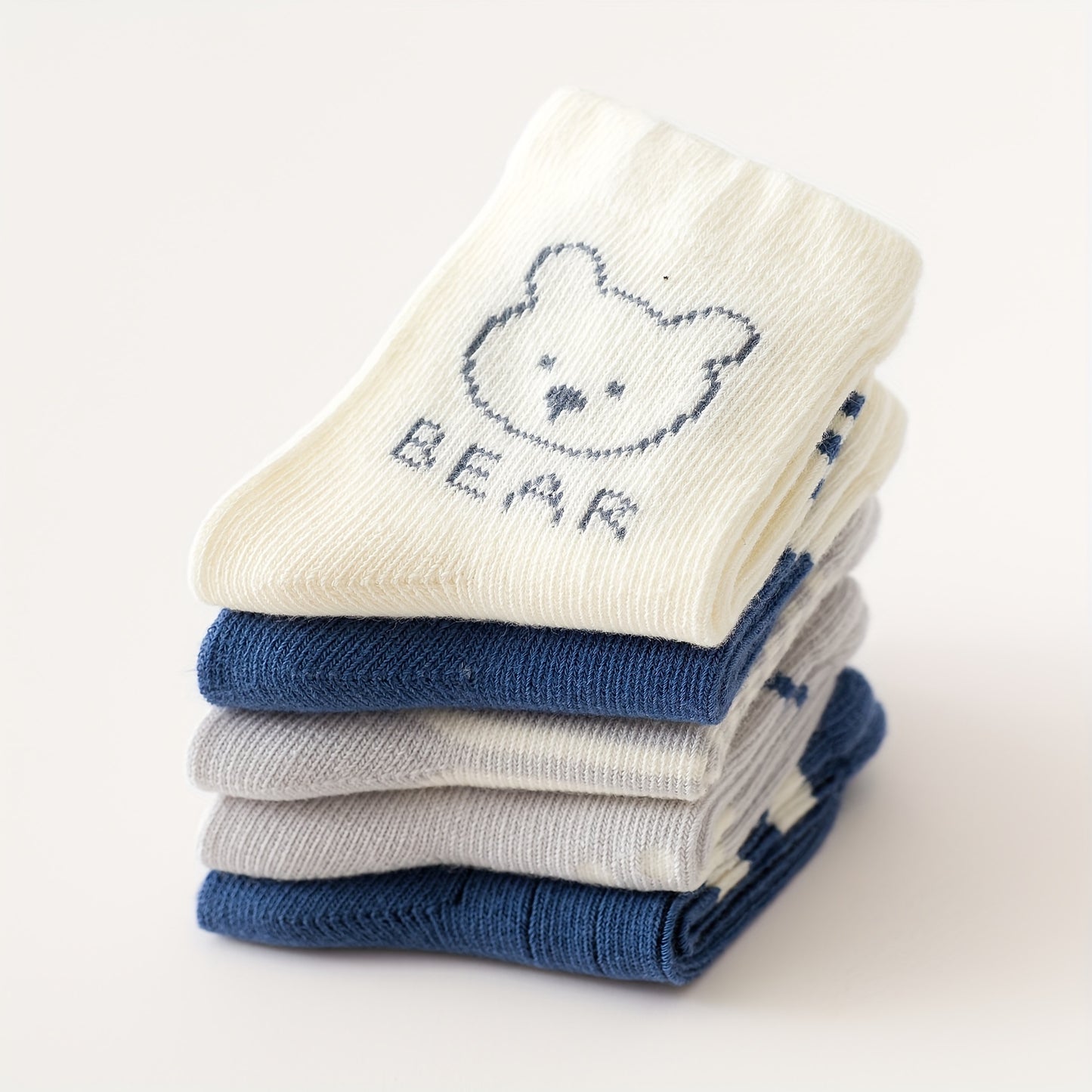 5pairs Cute Bear Footprint Striped Knit Socks, Soft Comfortable Thin Breathable Socks Baby Boys And Girls Accessories