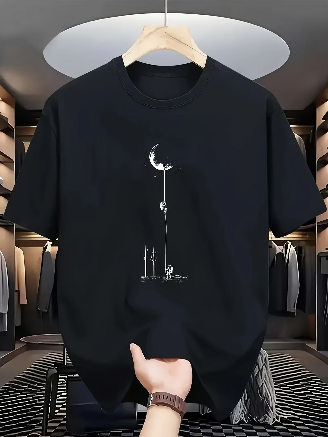 Men's Casual Graphic T-Shirt - Soft Polyester Blend, Crew Neck, Short Sleeve, Summer Style with Unique Moon and Figures Print, Lightweight and Comfortable for Casual Attire, Everyday Tshirt Artistic Design Shirt Lightweig