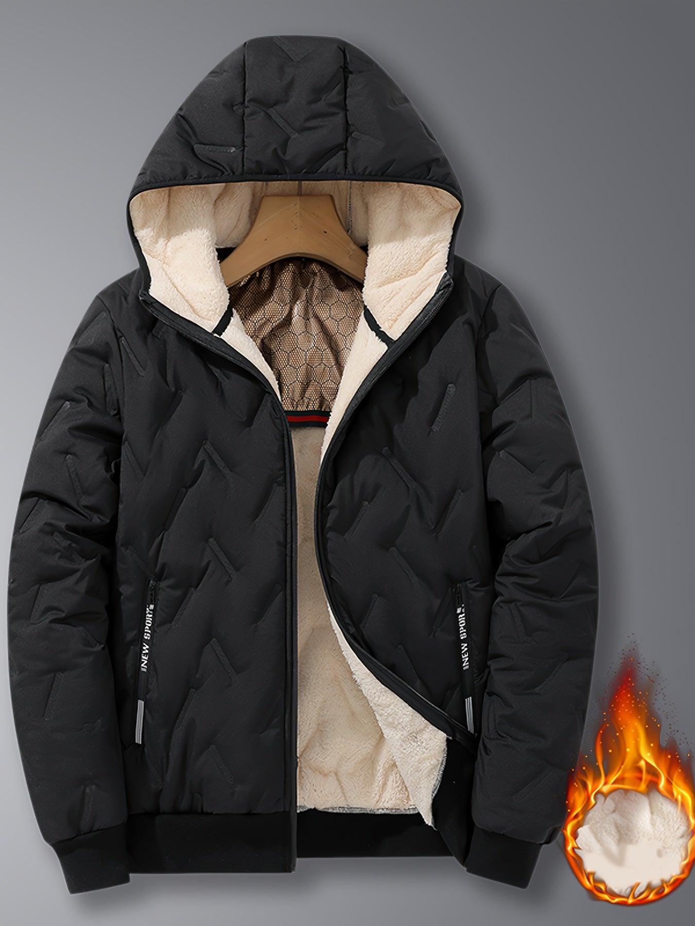 Men's Casual Winter Jacket - Thick Fleece-Lined, Windproof Hooded Coat with Embossed Design, Zip-Up, Solid Color