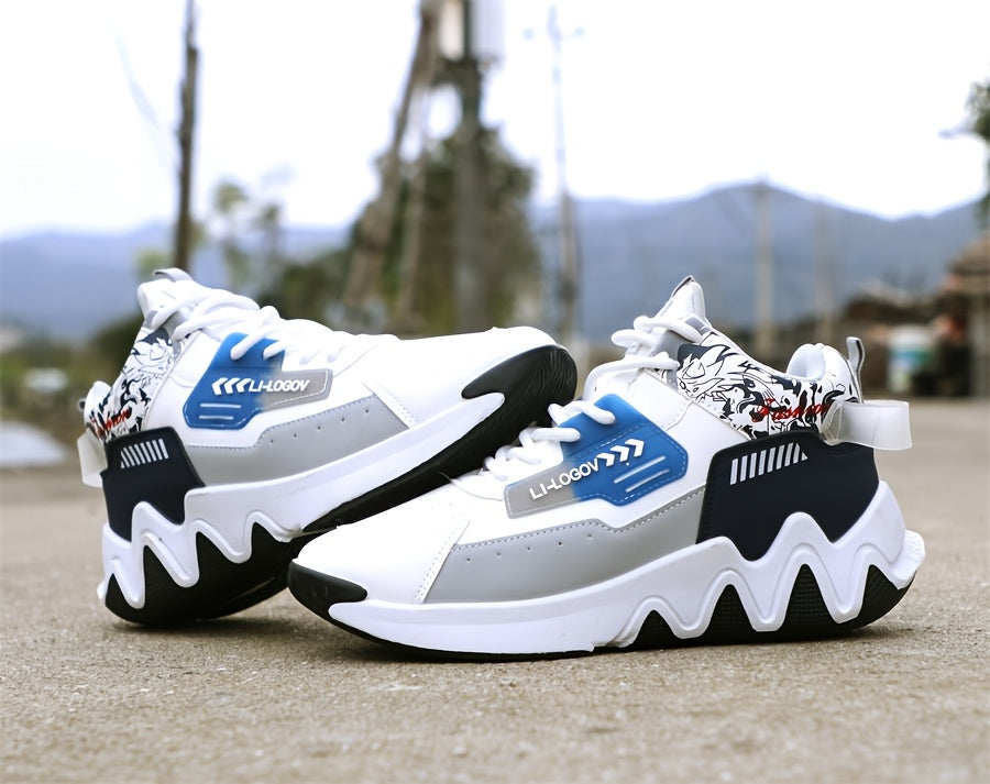 Men's High-Top Basketball Sneakers, Preppy Street Style, Solid Color with Cartoon Stripes, All-Season Lace-Up Sports Shoes, Faux Upper, Fabric Inner, Rubber Sole, for Running, Hiking Casual Wear, Outdoor Activities Shoes