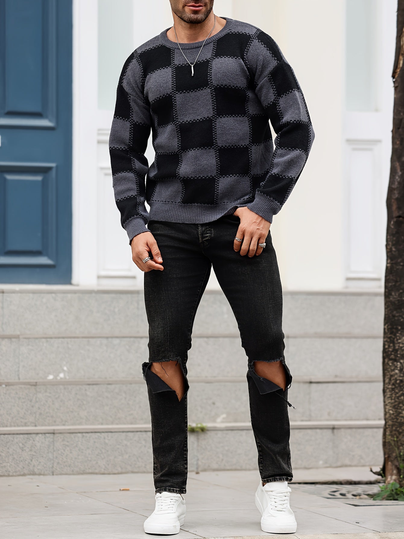 Men's Color Blocking Textured Checked Print Casual Trendy Sweater, Long Sleeve Pullover As Gift For Fall And Winter