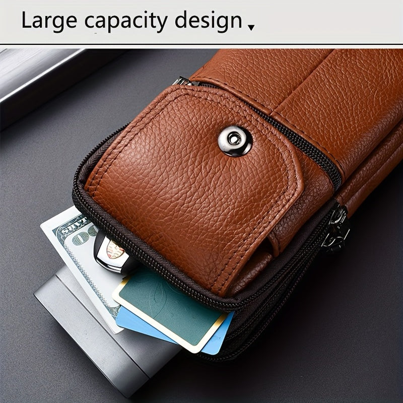 1pc Genuine Leather Cowhide Men's Waist Bag, Multi-Functional Zippered Phone Pouch with Adjustable Strap and Spacious Compartments for Work & Daily Use, Casual Style Top Layer Leather Fanny Pack