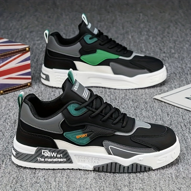 Men's Low-Top Skate Sneakers - Black with Teal Accents, PU Upper PVC Sole, Slip-Resistant Comfortable Lace-Up Shoes for Urban Streetwear, Outdoor Sports, All-Season Casual Wear, Skate Shoes, Modern Street Style, Durable Fab