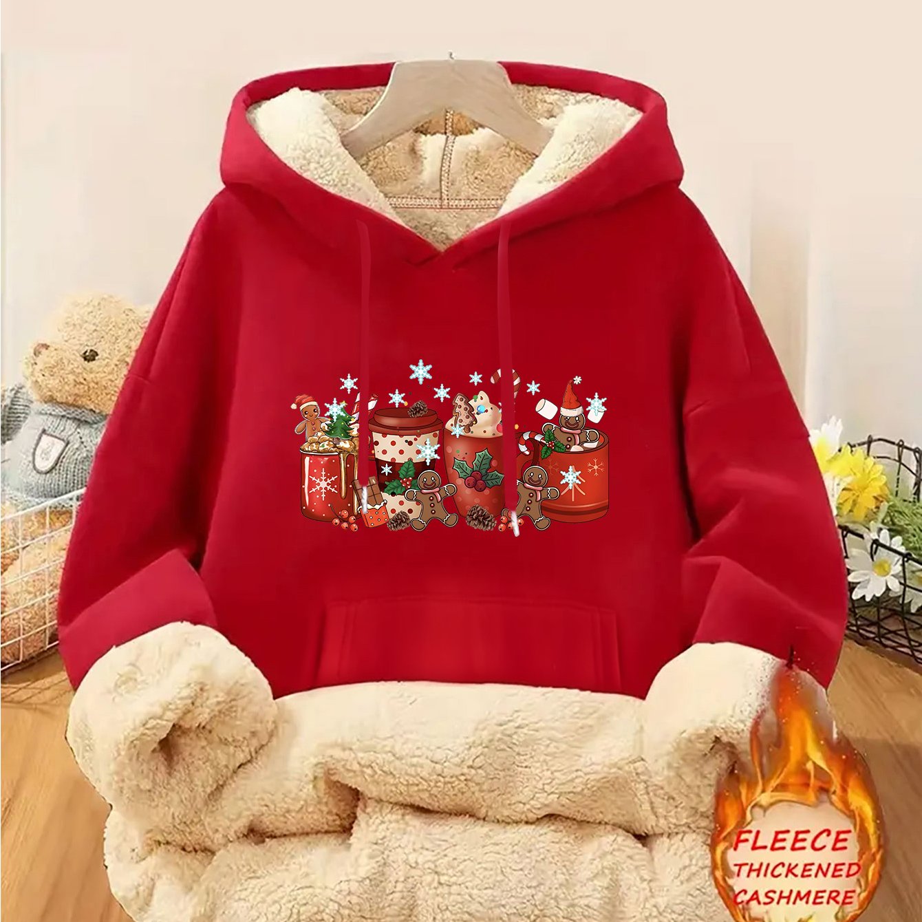 1pc Women's Thick-Lined Hooded Sweatshirt with Gingerbread for Man in Santa Hat & Candy Cane Print - Cozy Plush Lined, Soft Polyester Warm Pullover for Fall/Winter, Machine Washable Casual Outerwear, Cold Weather Wear, Minima