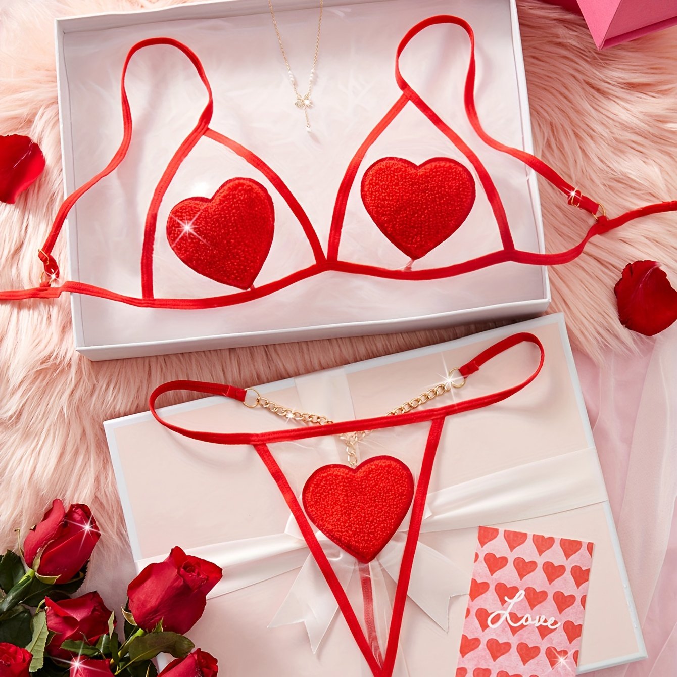 2pcs Christmas Red Love Sexy Underwear Set, Sheer Mesh Bra & Golden Chain Thong, Women'S Sexy Lingerie & Underwear