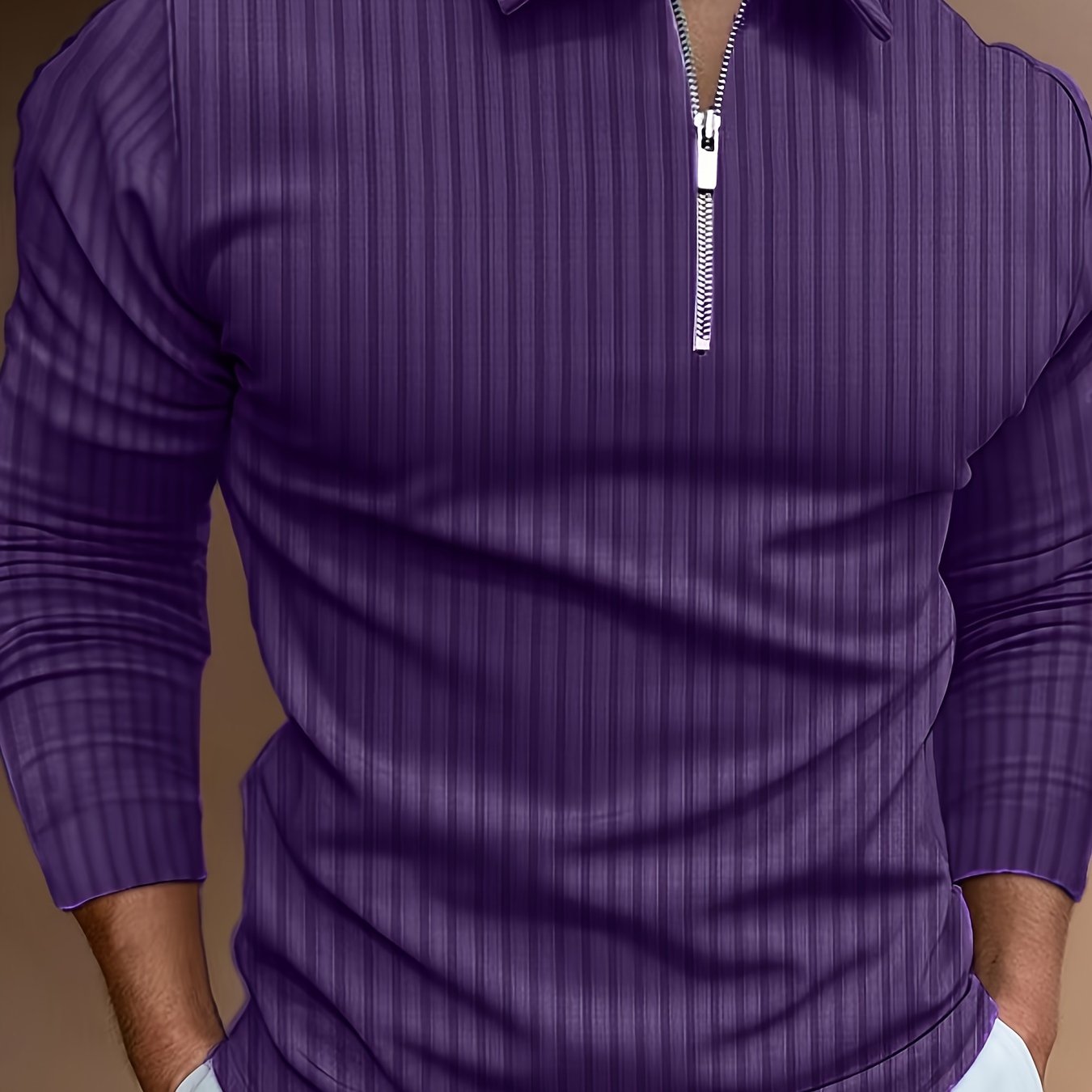 Men's Casual Sports Ribbed Long Sleeve Zipper Lapel Golf Shirt, Spring And Fall