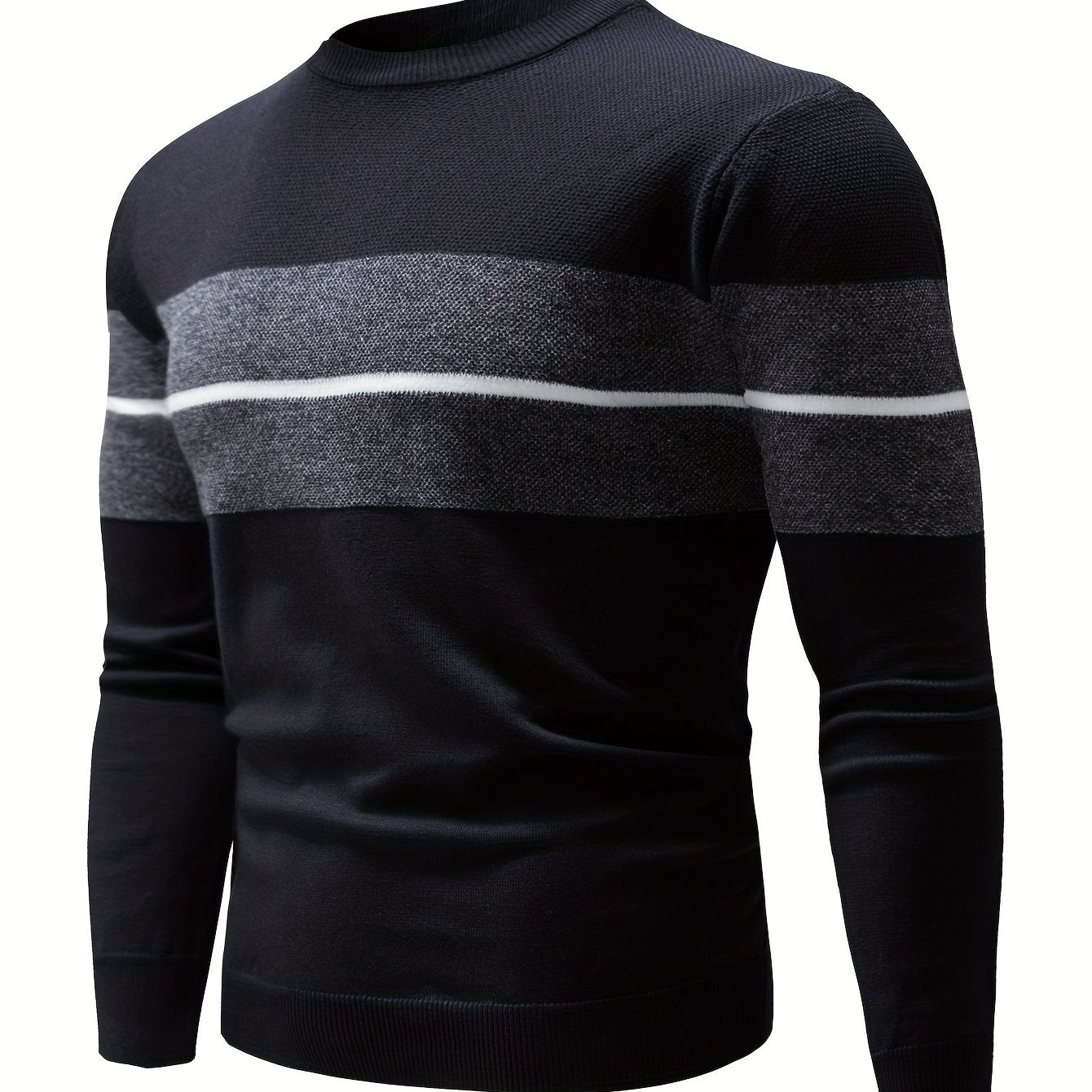 Men's Casual Round Neck Sweater - Two-Tone Color Block, 100% Polyester, Stretch Knit, Long Sleeve - Perfect for Fall/Winter