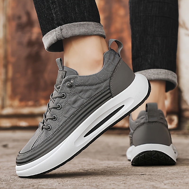 Men's Breathable Casual Sneakers - 2025 Spring New Design, Low-Top Elastic Lace-Up, Grey White PU Upper with Cushioned EVA Insole Durable PVC Sole for All-Season Outdoor Running, Gym, Daily Wear, Gym Shoes, Sleek Sporty D