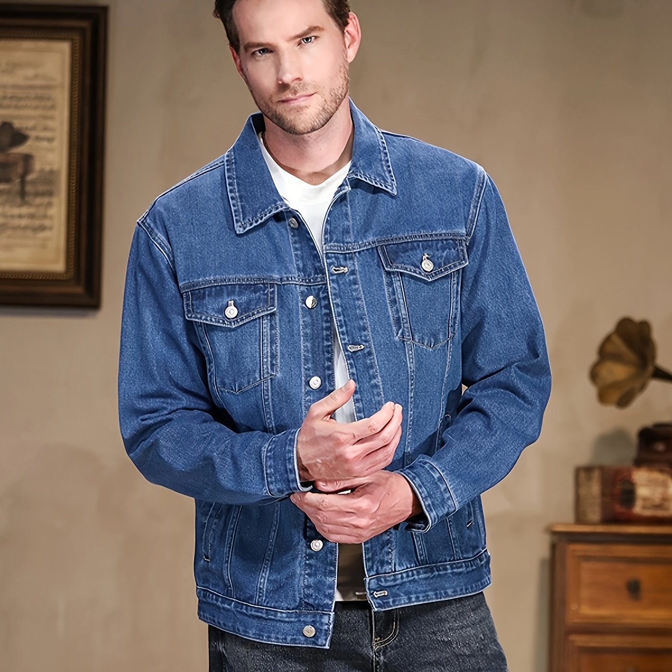 Men's Casual Denim Jacket - Spring & Autumn Collection, Washed Blue, Cotton Blend, Machine Washable, Lapel Collar with Pockets, 2024 New, Denim Jacket