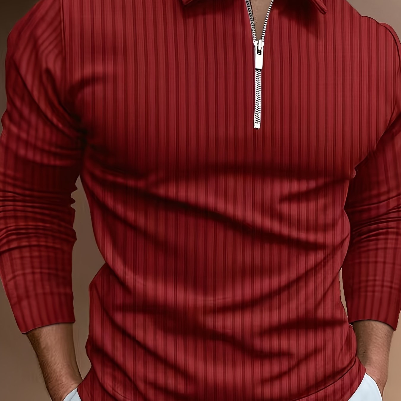 Men's Casual Sports Ribbed Long Sleeve Zipper Lapel Golf Shirt, Spring And Fall