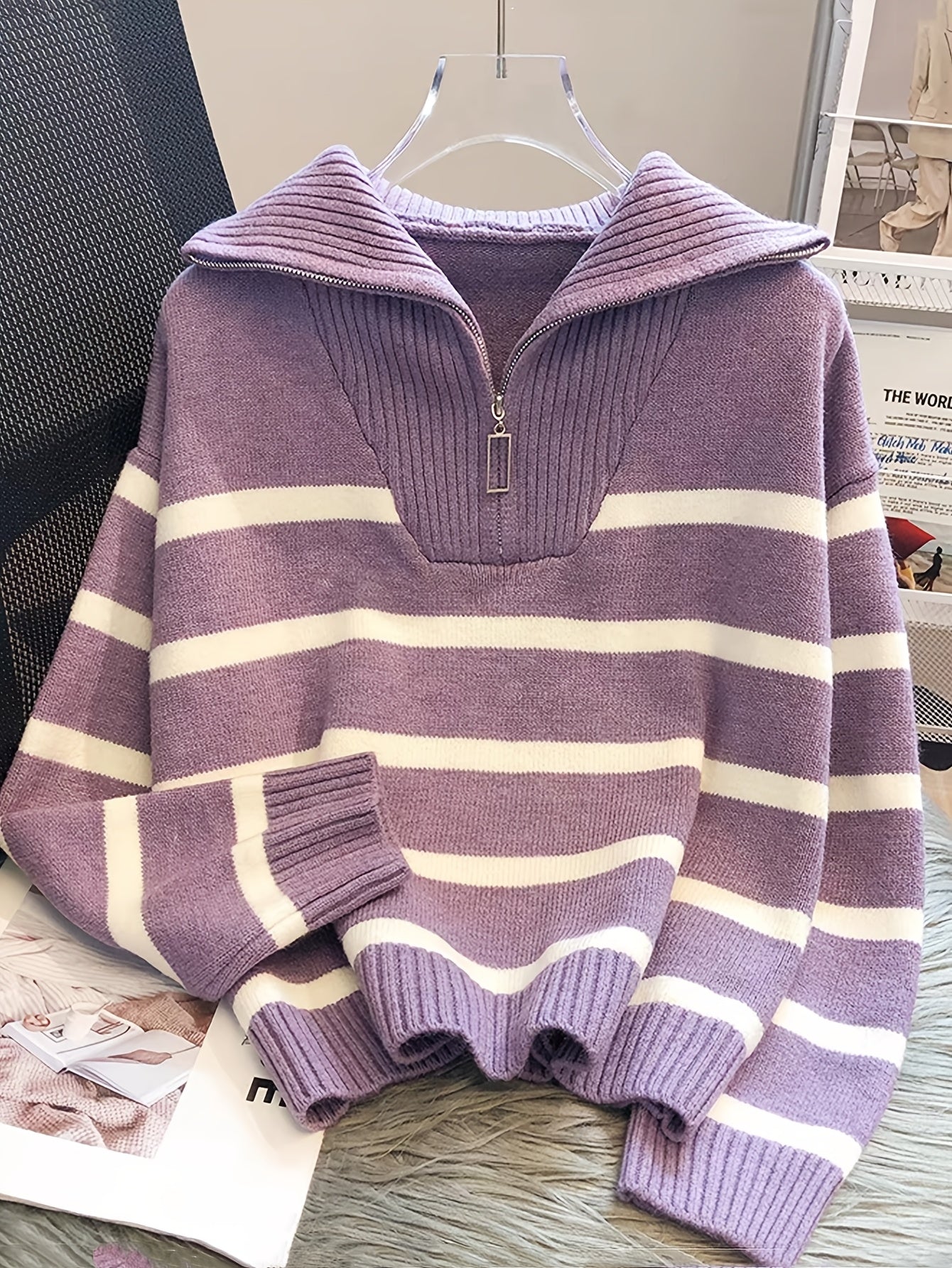 Elegant Striped Zip-Up Knit Sweater - Cozy Acrylic & Polyester Blend, Perfect for Fall/Winter, Cozy Sweater
