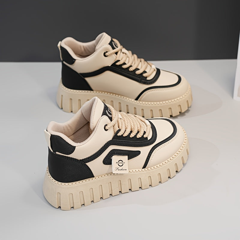 1 Pair Women'S Fashion Mid-Top Casual Sneakers, PU Upper, Fabric Lining, Rubber Sole, and EVA Insole, Lace-Up Design, with All-Season Versatile Athletic Shoes