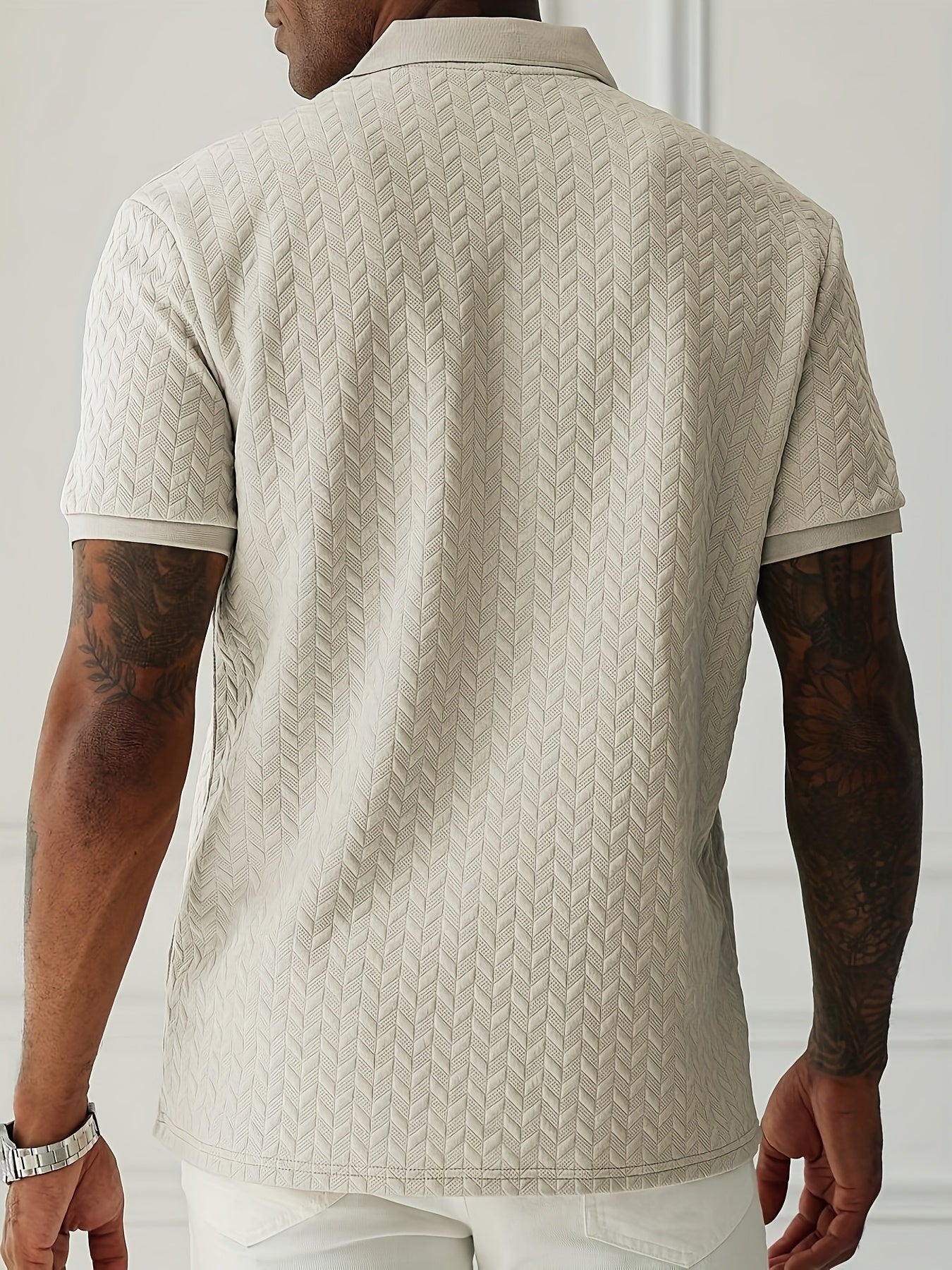 Men'S Casual Black Short Sleeve Polo Shirt with Textured Diamond Pattern - Polyester, Button-Up, Regular Fit for Summer, Casual Attire|Textured Pattern Shirt|Polyester Fabric