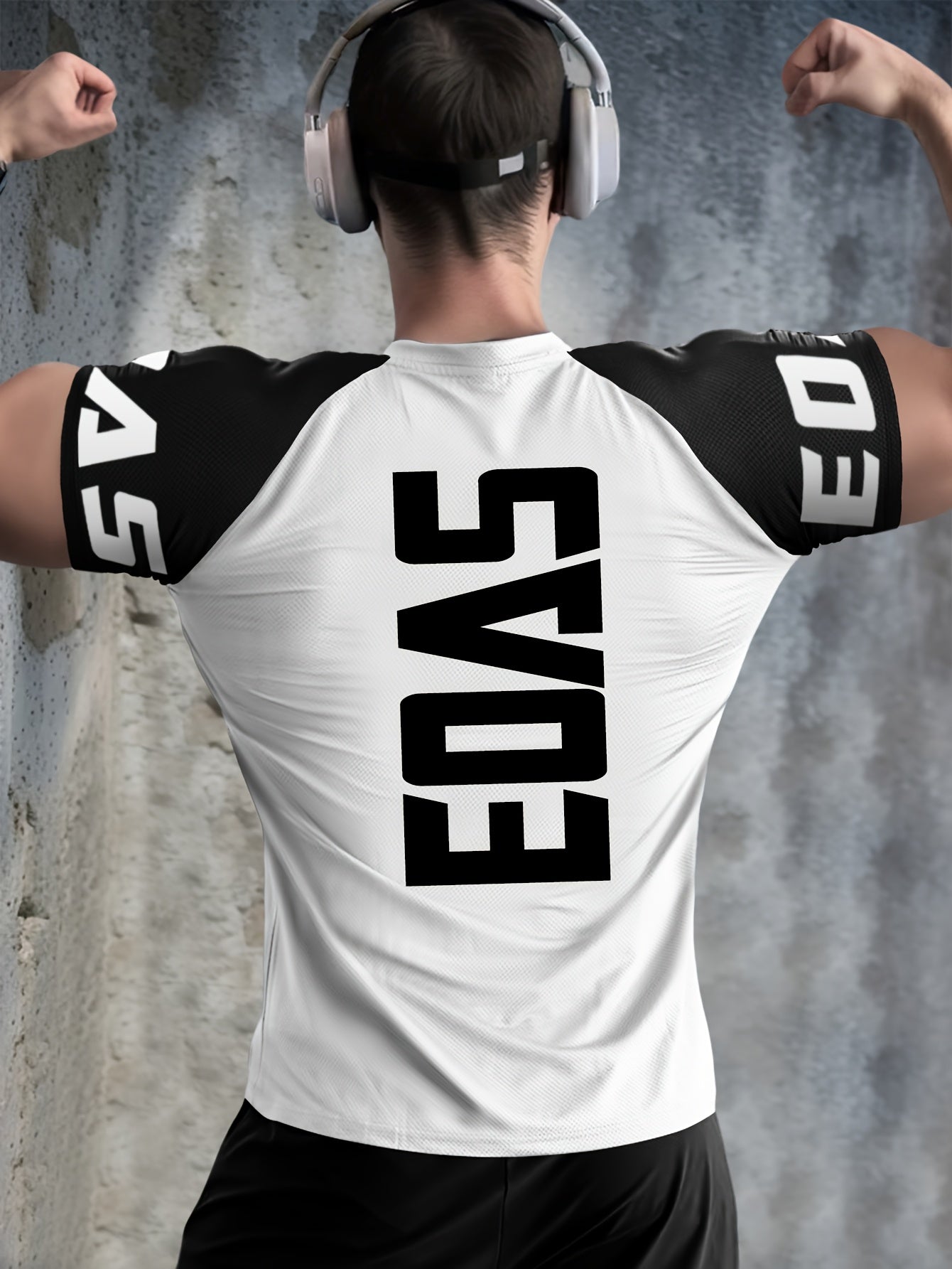 Men's Quick-Dry Breathable Mesh Sports T-Shirt - Summer Gym Workout Top with Contrast Black White Sleeves for Man Letter Print, Slim Fit for Running Training Casual Wear, Breathable Running Gear Sporty Casual Tee Mesh