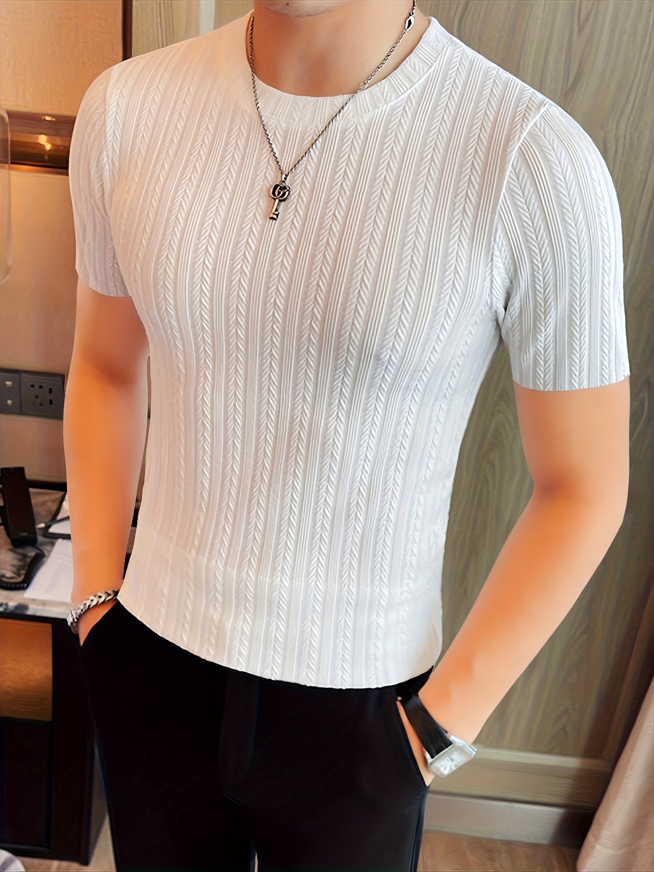 Men'S Short Sleeve Jacquard T-Shirt | Fashionable Autumn- Casual Top, Crew Neck, Slight Stretch Fabric, Solid Color, Skinny Fit - ayq