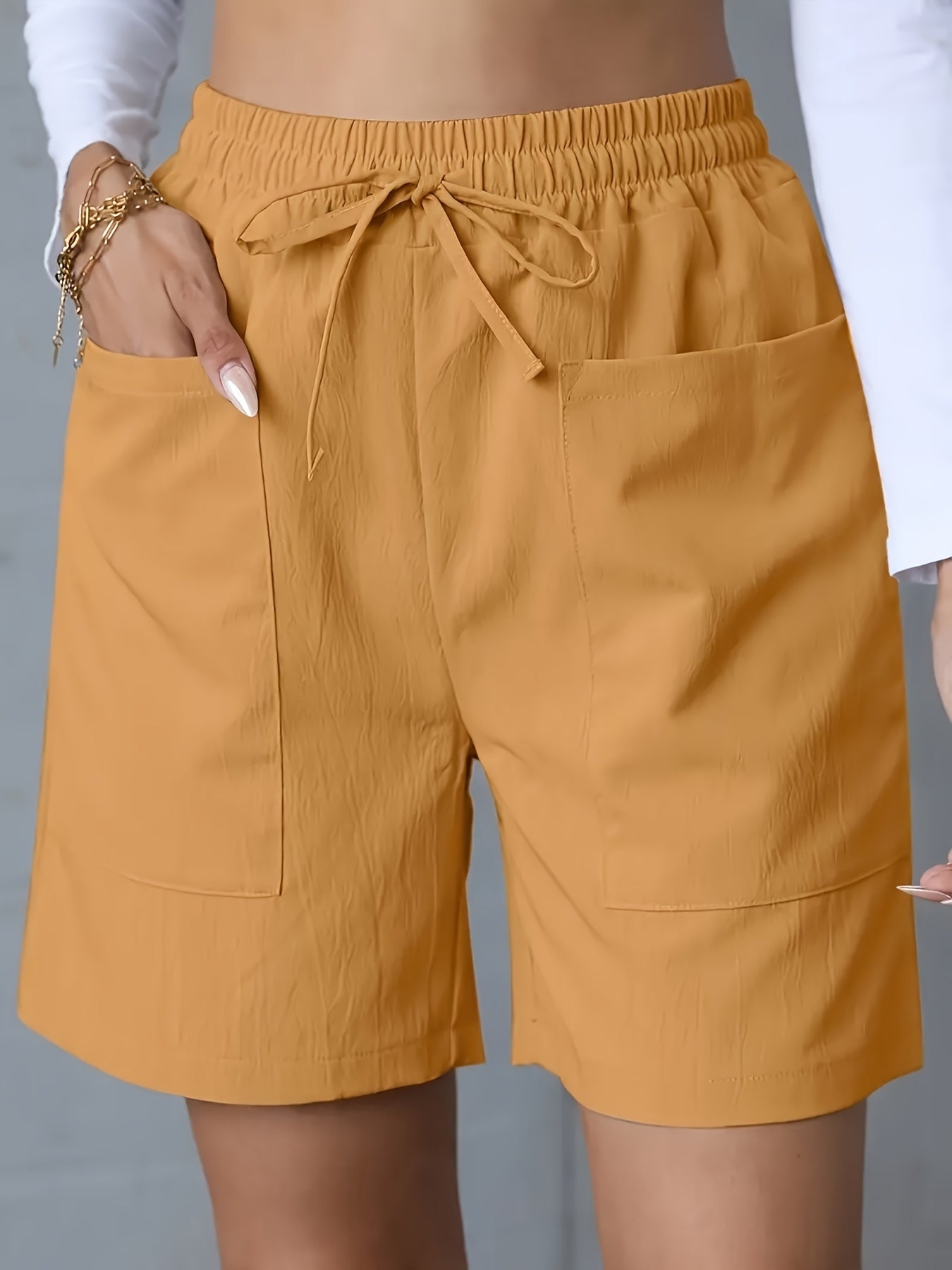 Light Pink Women's Casual High-Waist Wide-Leg Shorts with Tie Drawstring - Polyester, Non-Stretch, Smooth Texture, Summer Ready with Pockets