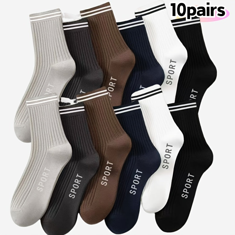 5/10 Pairs Men's Athletic Crew Socks, Striped Polyester Knit Fabric with 5% Spandex, Moisture-Wicking Casual Sports Tube Socks for Spring and Autumn