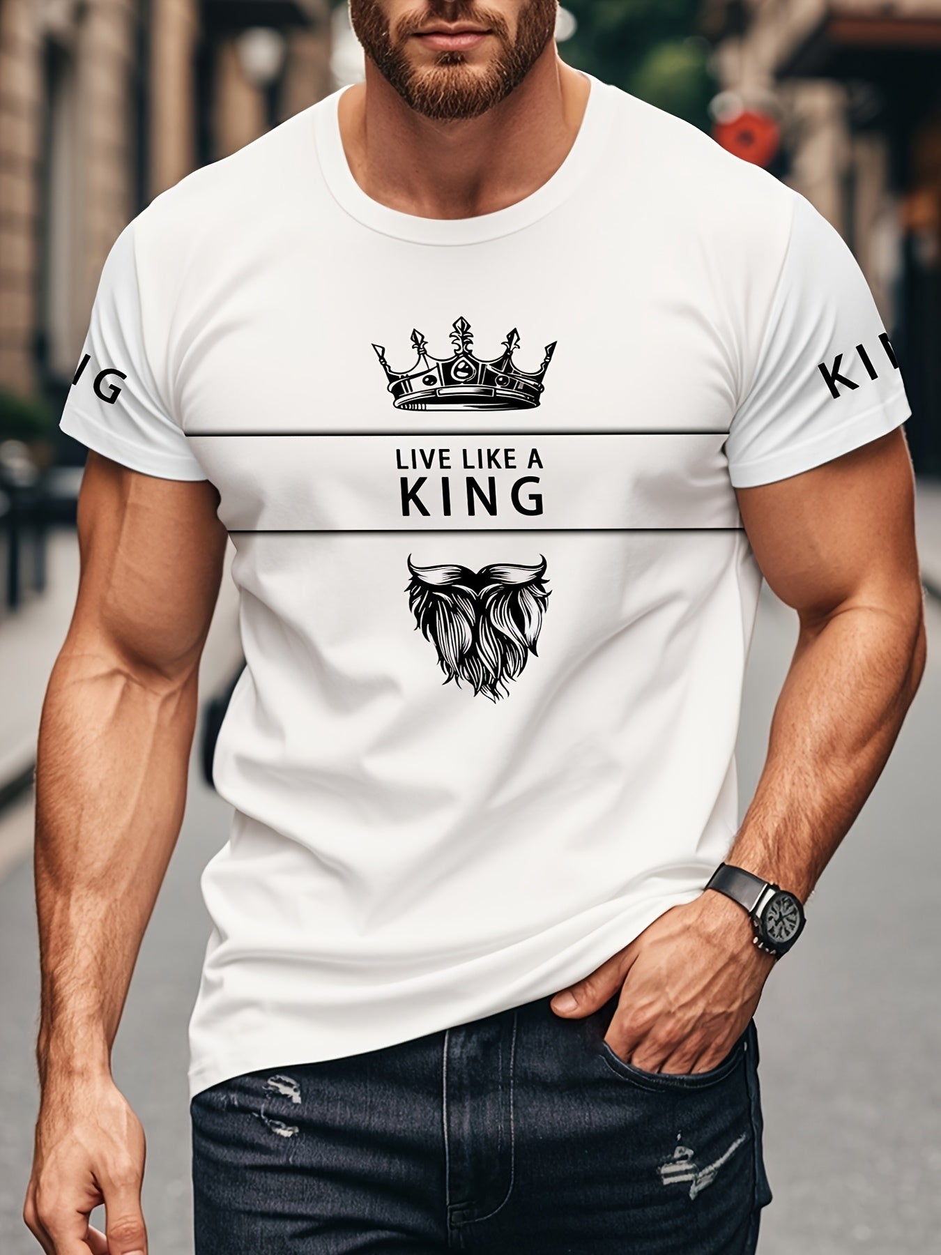 Men's 3D Digital Print T-Shirt with Crown "LIVE LIKE A KING" Slogan - Casual Round Neck Regular Fit Machine Washable Graphic Tee for Casual Attire, Streetwear Fashion, Bold Statement Shirt, Durable Fabric Shirt