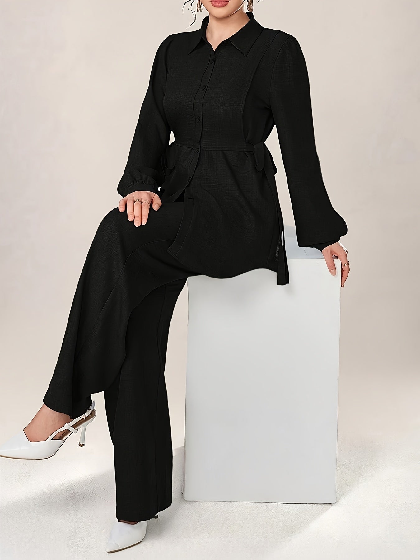 Women'S Solid Color Long Sleeve Knotted Waist Single-Breasted Shirt and Pants Elegant Commuter Set, Two-Piece Summer Autumn Women'S Outfit Office Business Casual Women'S Suit
