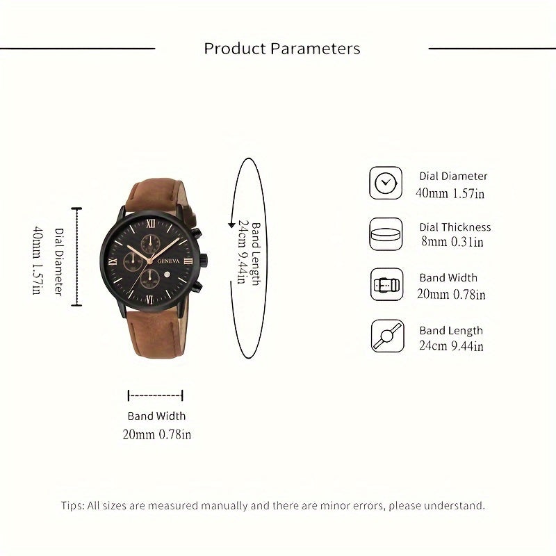 1pc Geneva Vintage Men'S Quartz Watch, Round Alloy Case, Analog Display, with Date Feature, PU Leather Strap, Battery Powered (Button Battery), for Valentine's, Easter, Ramadan, Birthday, Christmas Gifts