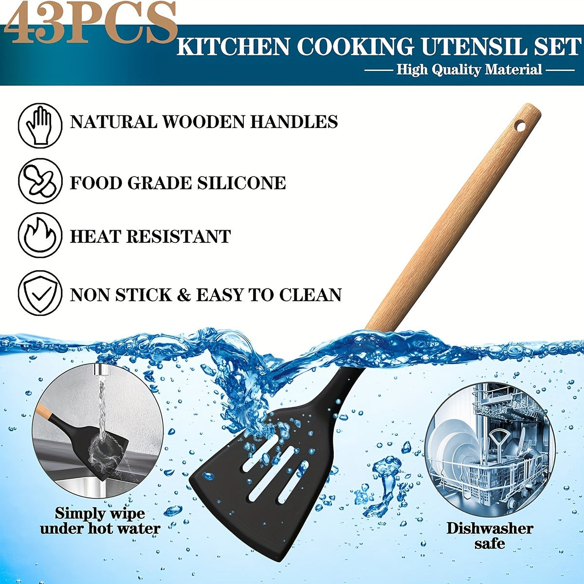 43pcs Non-Stick Cookware Storage Bucket with Wooden Handles, Silicone Kitchen Utensils, Easy-To-Clean Kitchen Tools, Spatula And Spoon Set.