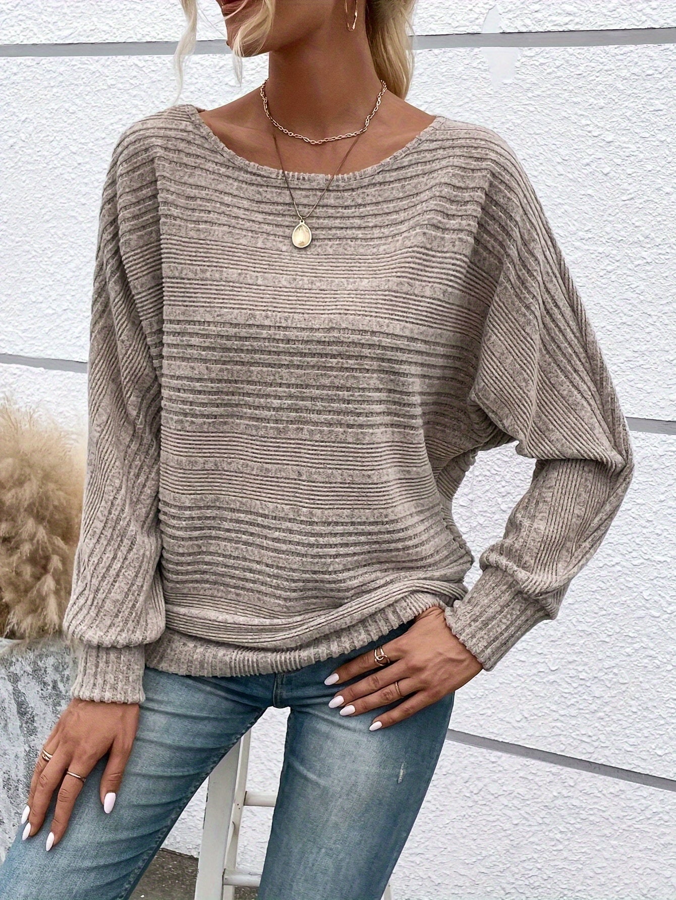 1 հատ Women'S Casual Crew Neck Knit T-shirt - պոլիեսթեր պինդ գույնի երկարաթև վերնաշապիկ գարնան/աշունի համար