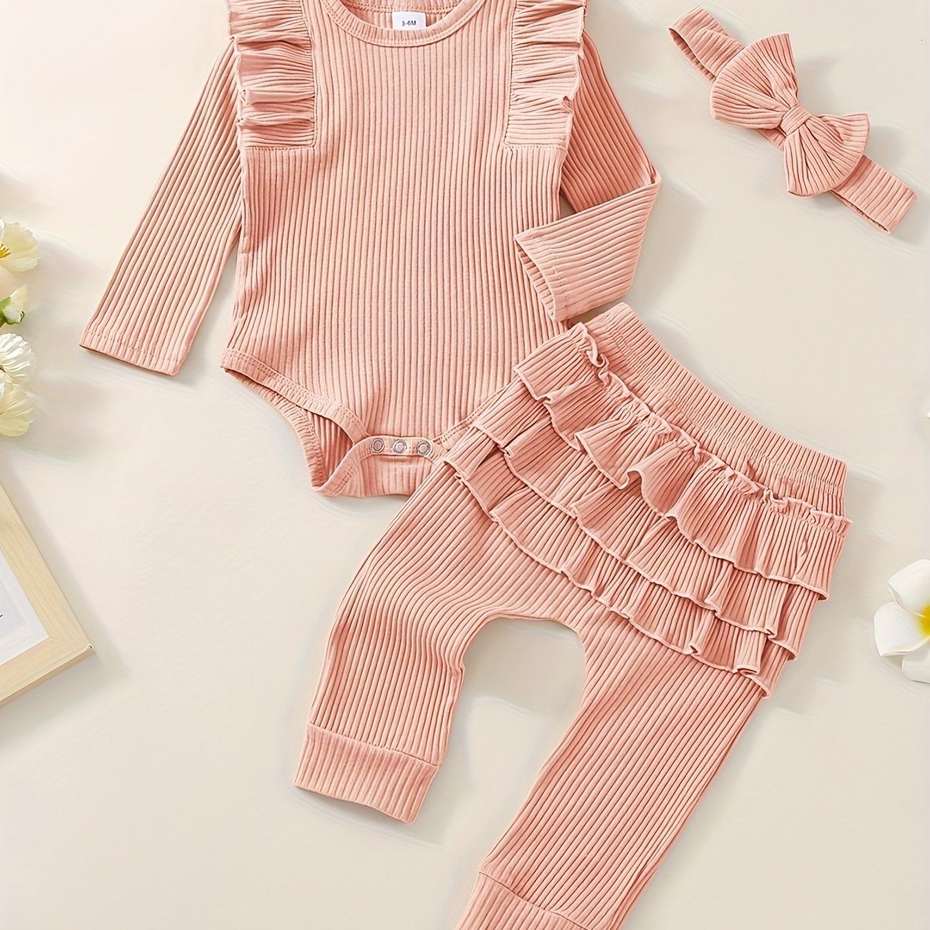 3pcs Baby Girl Outfit Set, Cute Ribbed Ruffle Long Sleeve Romper & Pants, 95% Cotton 5% Spandex, Crew Neck Pullovers, Solid Color, Regular Fit, No Belt, Fall/Winter Knit Fabric, 0-18 Months, for Outdoor