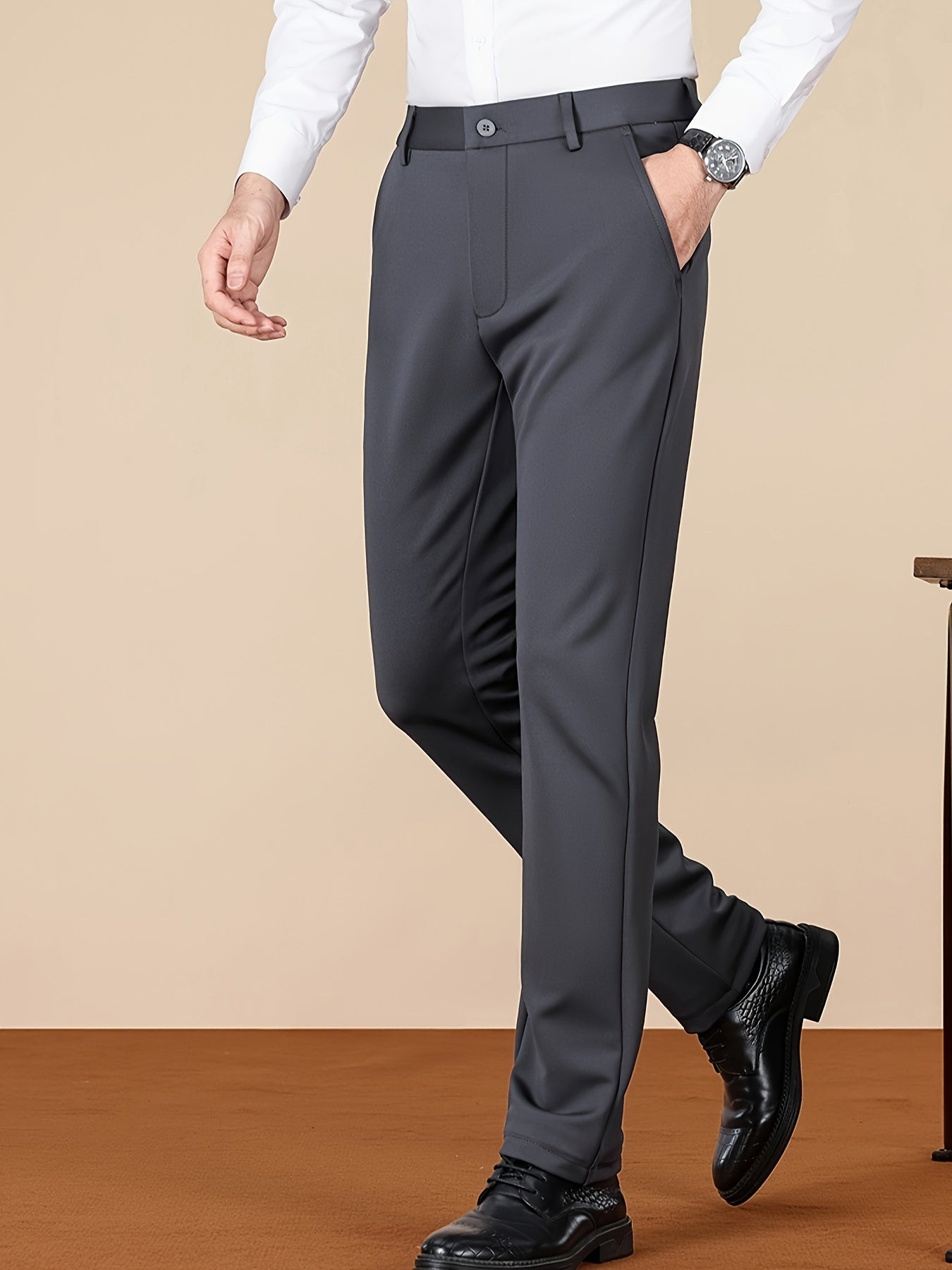 Men's Casual Pants, Autumn Polyester Blend, Regular Fit, Solid Color, Button Detail, Slim Fit, Standard Length, Men's Fashion, Trousers for Men