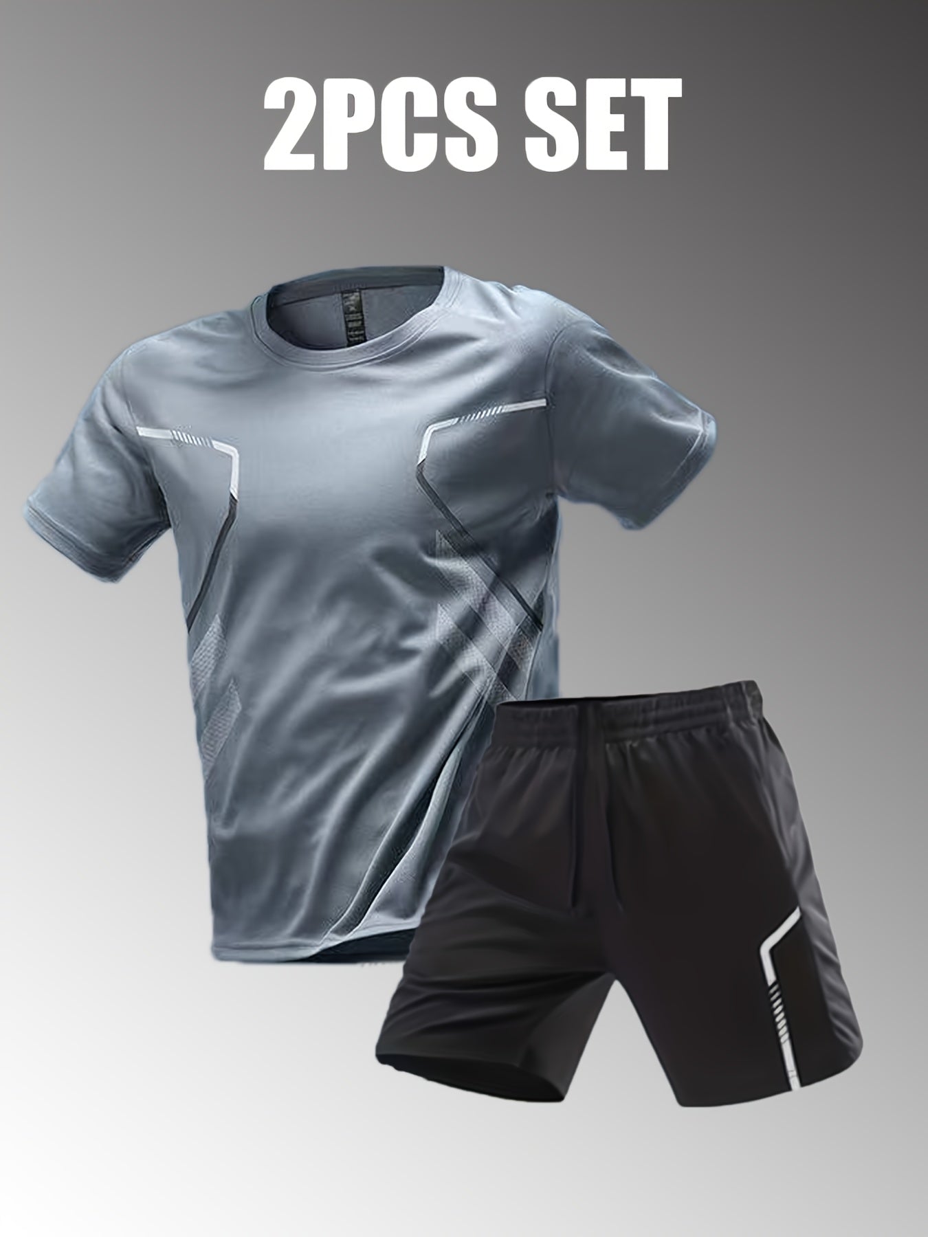 2pcs Men's Summer Sportswear Set - Comfortable Polyester Crew Neck T-Shirt & Black Drawstring Shorts with Side Stripe, Casual Style, Easy Care, Athletic Shorts