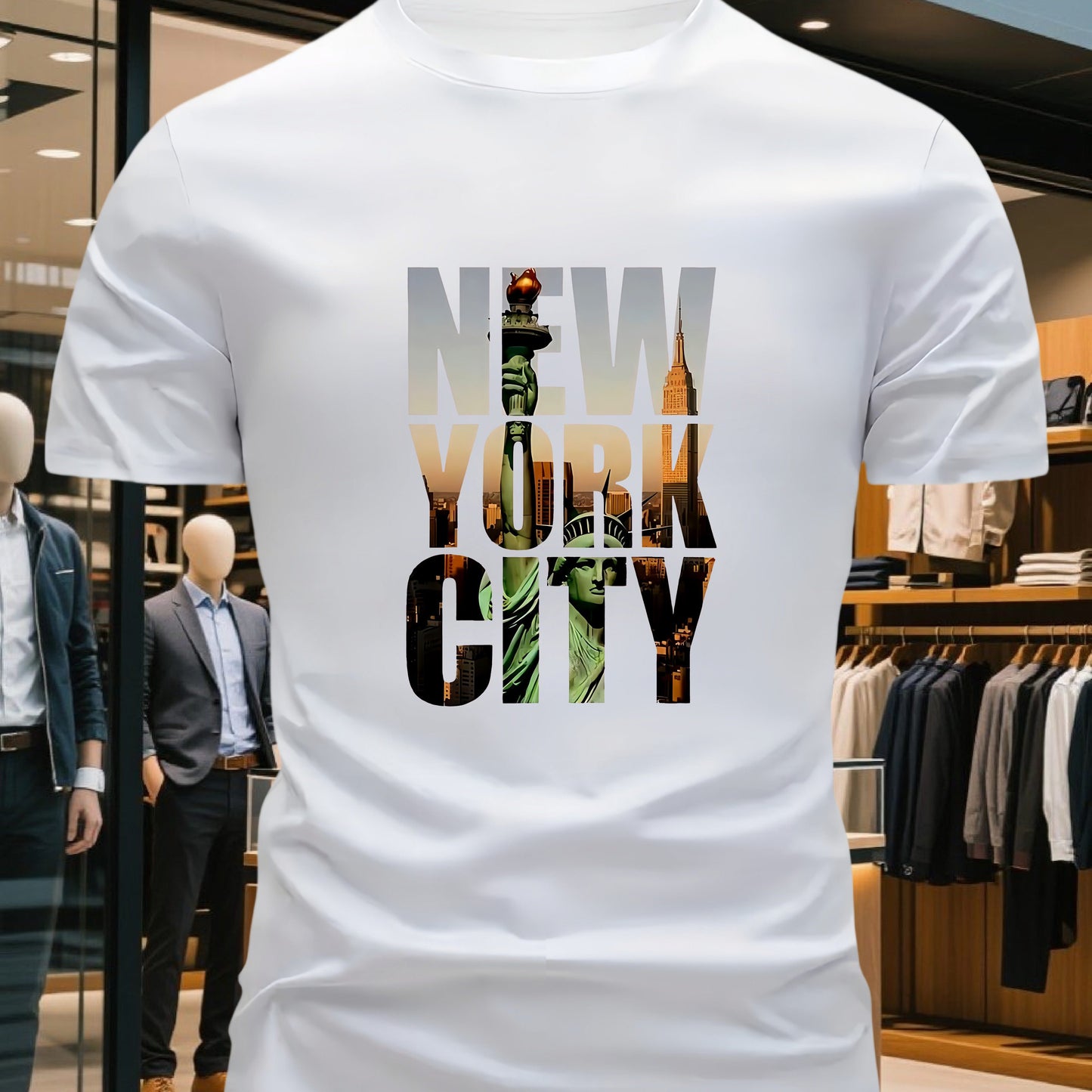 Men's 100% Cotton Crew Neck Short Sleeve T-Shirt with New York City Graphic Print - Navy Blue Casual Comfort Fit Tee, Machine Washable Everyday Essential, Allseason Apparel, Comfortable Outfit, Urban Style, Breathable Materia