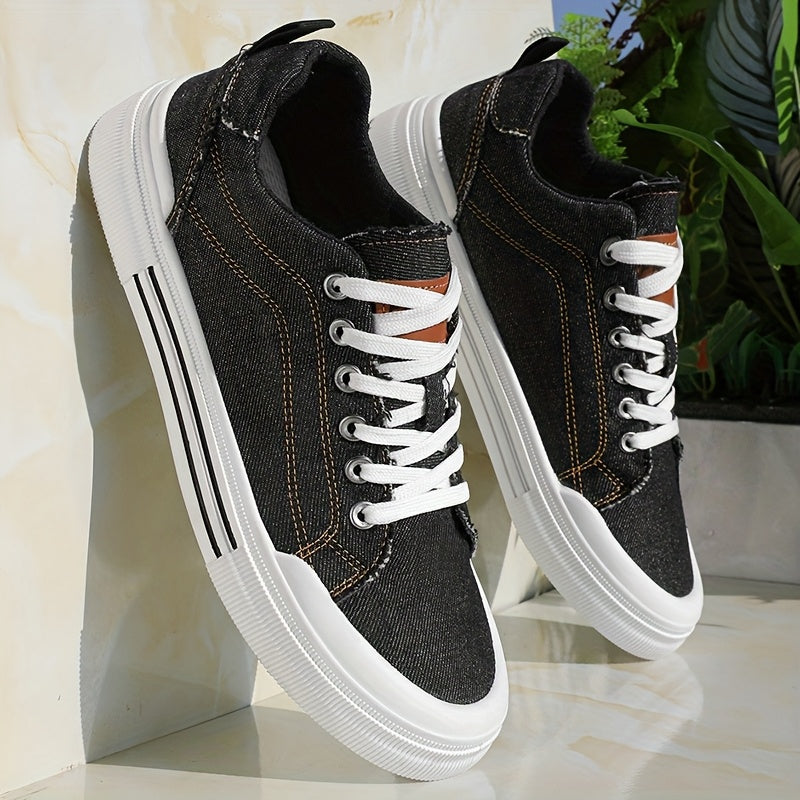 Men's Casual Canvas Sneakers - Trendy Blue Denim Low-Top Lace-Up Shoes with White Rubber Sole, Durable & Comfortable for Casual Attire, Street Style, and Outdoor Activities, Casual Sneakers | Trendy Footwear | Durable Sneaker