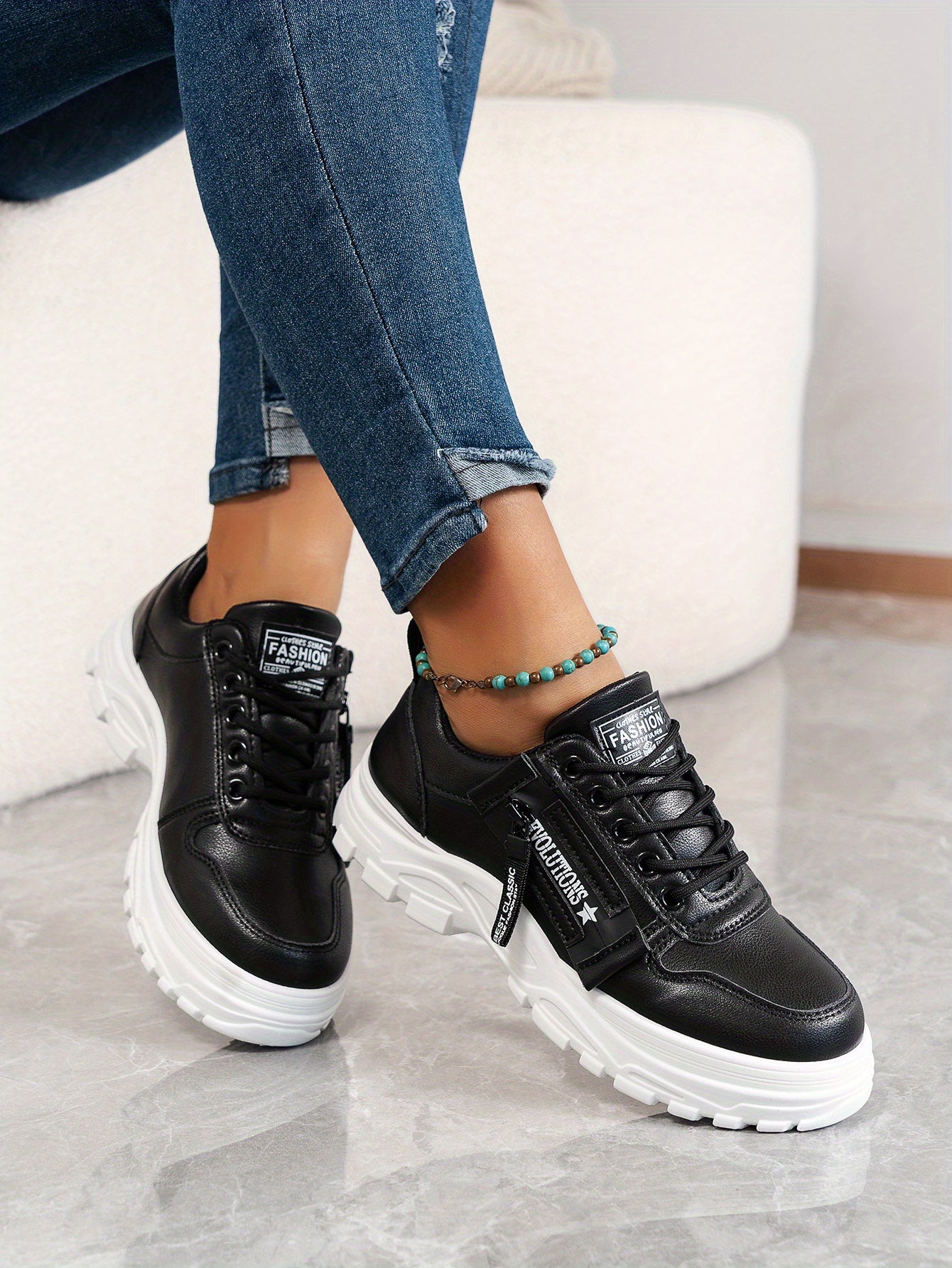 Women'S Breathable Knit Sneakers - Lightweight Thick Sole Casual Walking Shoes in White Black, Synthetic Cover Upper with Rubber Outsole, Lace-Up Low-Top Design for Indoor/Outdoor, Travel, Beach Shopping - Cute Gift for M