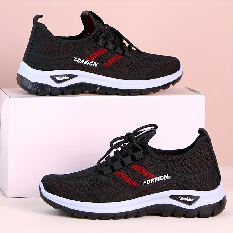 Women's Lightweight Breathable Knit Running Sneakers - Casual Sneakers with Lace-Up Closure, Dual-Layer PVC Sole for Easy Wear & Comfort, Black & Red Striped Design, Perfect for Outdoor Activities, Walking, and Daily Commute,