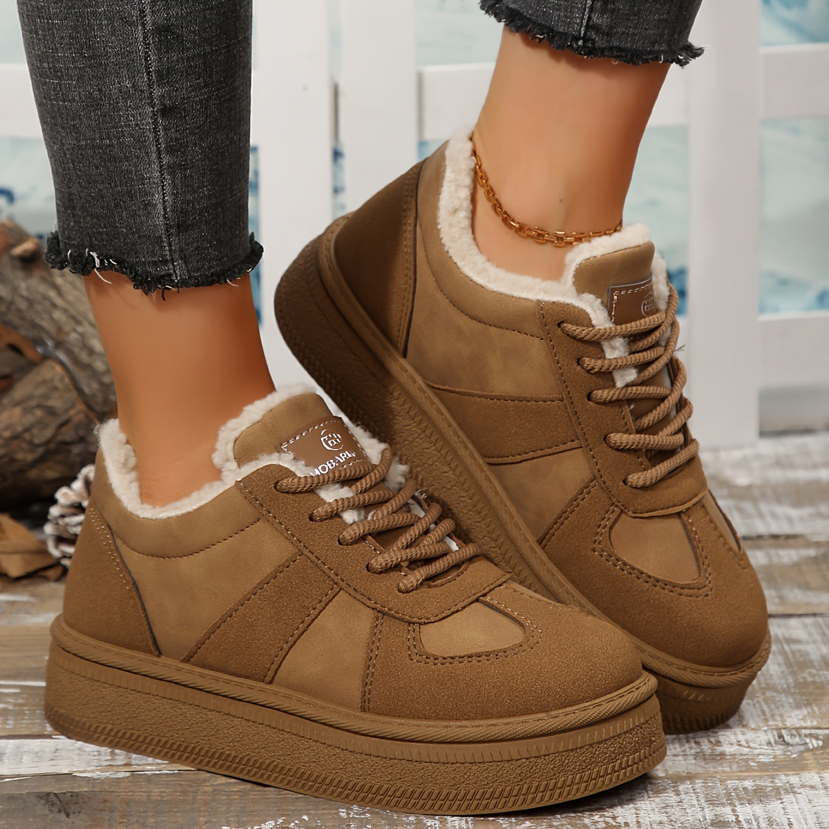 Women's Cozy Fleece-Lined Winter Sneakers - Thick Sole, Non-Slip, Lace-Up Casual Shoes for Outdoor Comfort